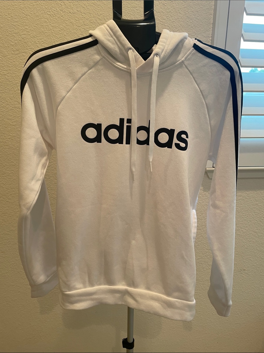 adidas White Crewneck Hoodie with Black Logo & Shoulder Stripes - unisex